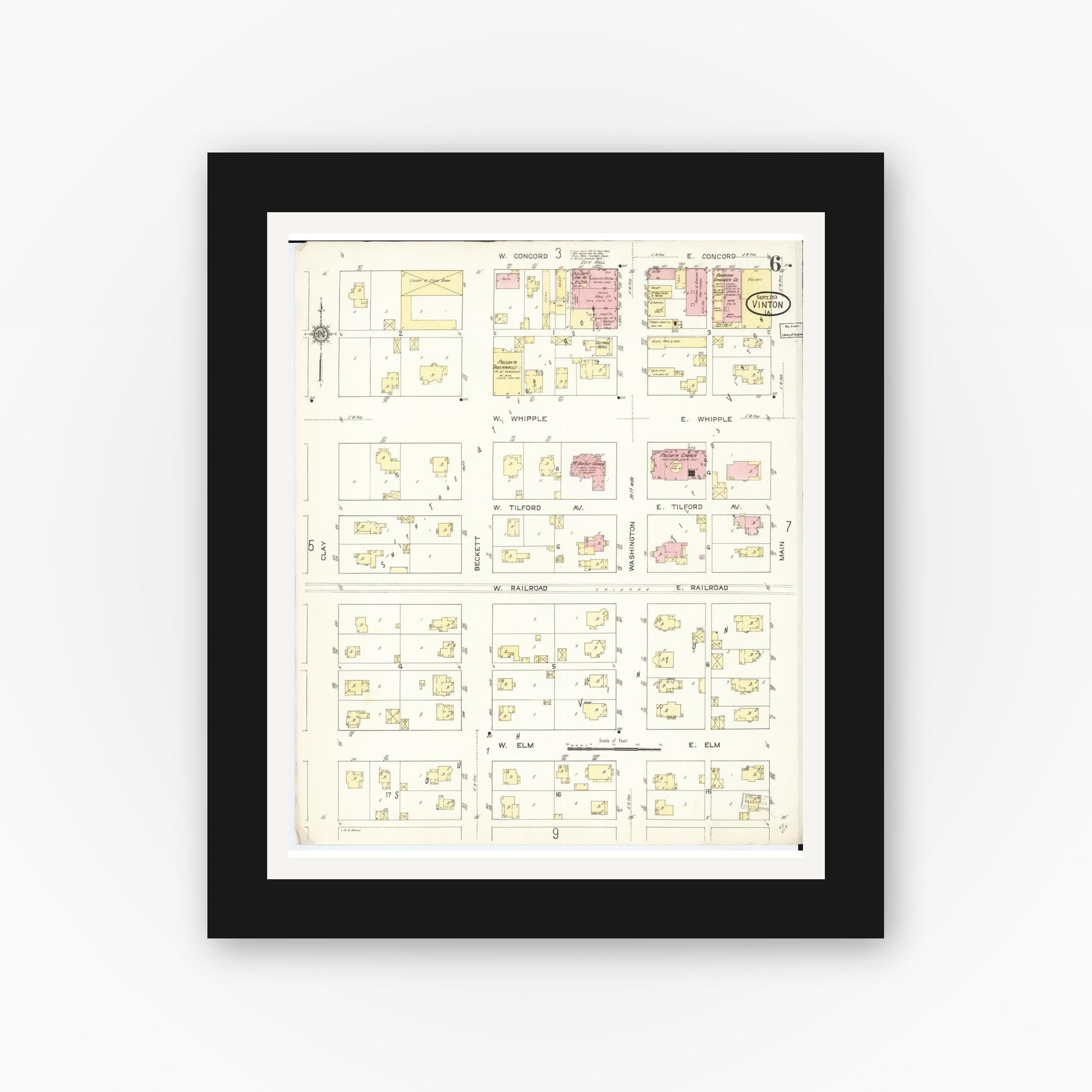 Old map wall art mockup — black gallery frame with white mat — Sanborn Fire Insurance Map from Vinton, Benton County, Iowa (1913), Sheet #0006
