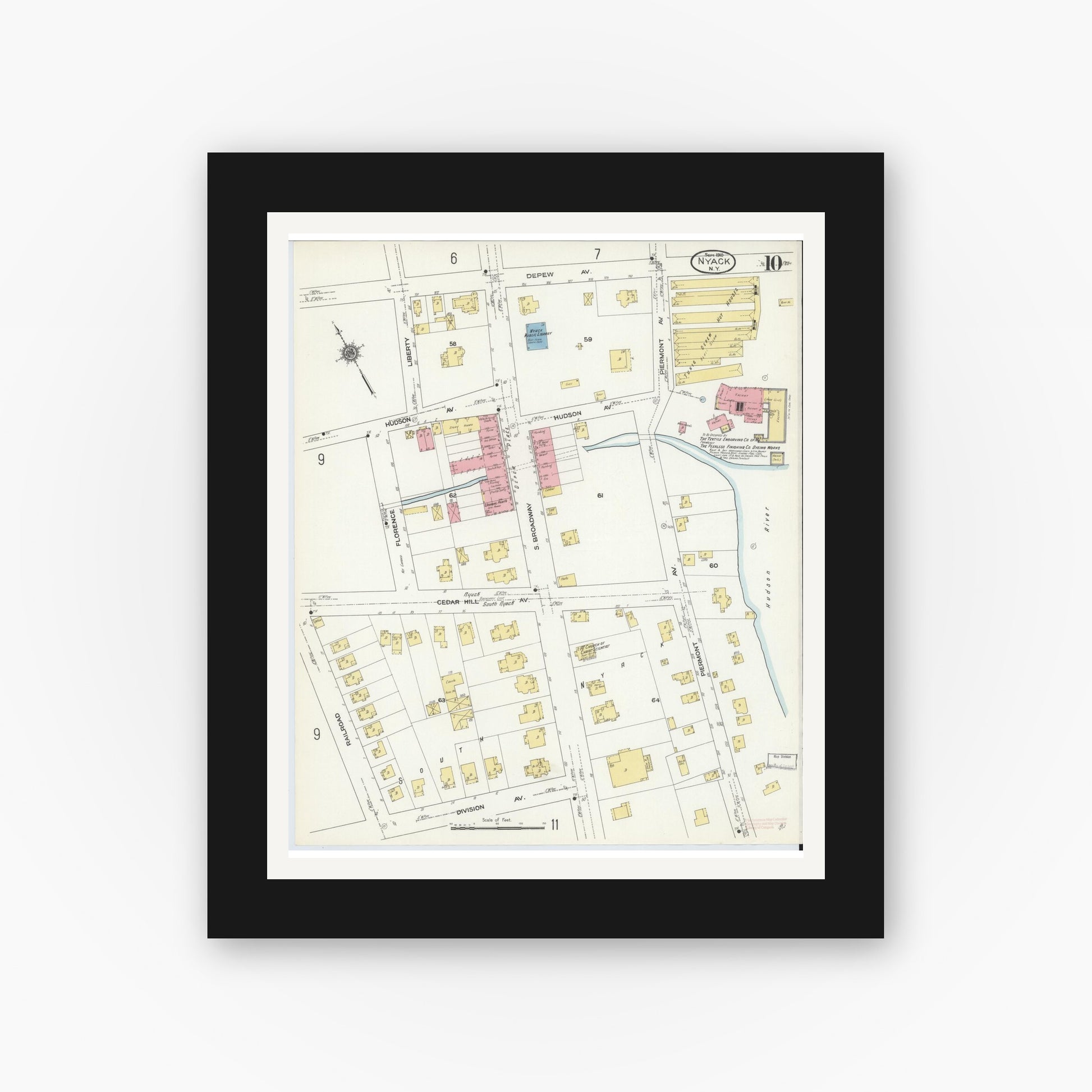 Old map wall art mockup — black gallery frame with white mat — Sanborn Fire Insurance Map from Nyack, Rockland County, New York. (1910), Sheet #0010
