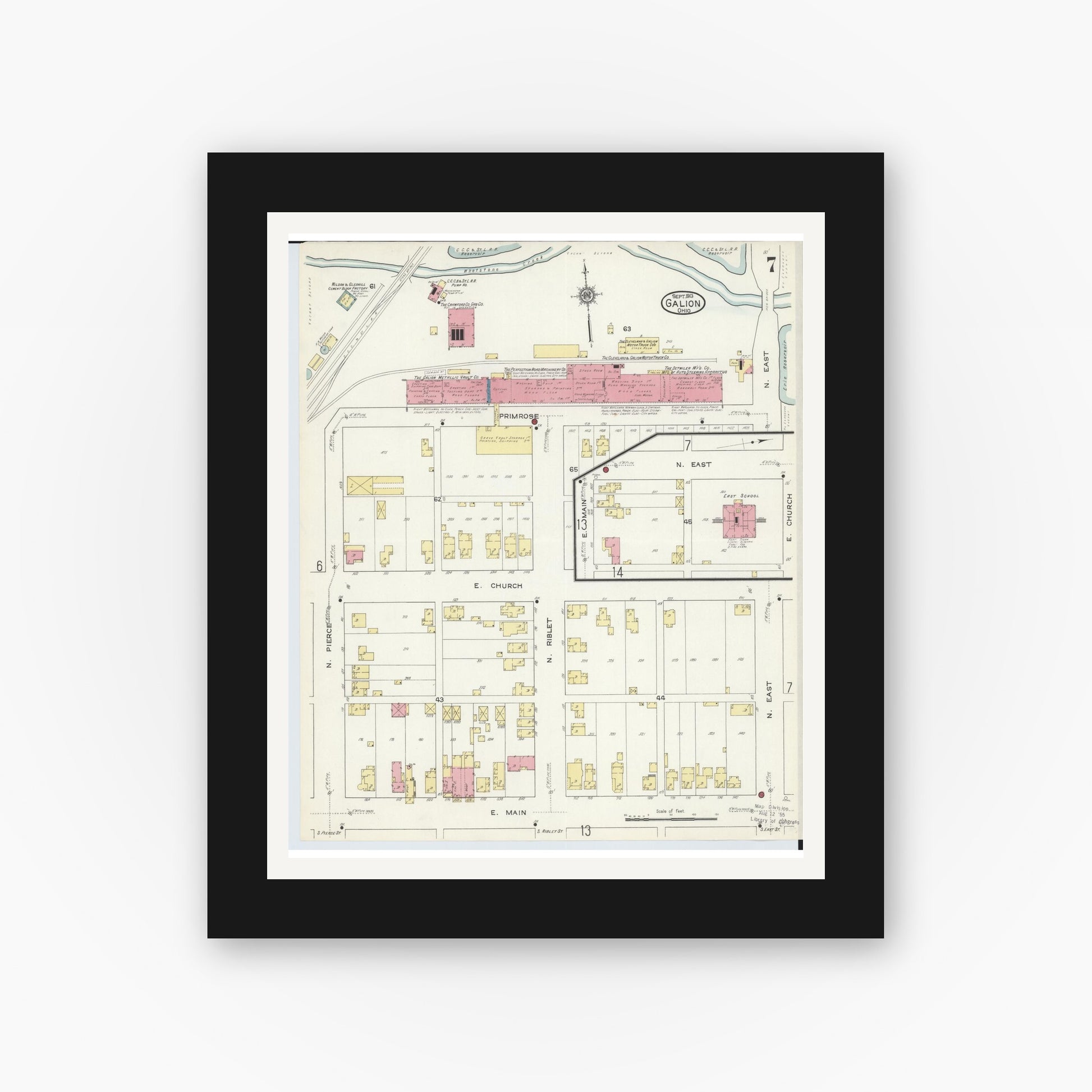 Old map wall art mockup — black gallery frame with white mat — Sanborn Fire Insurance Map from Galion, Crawford County, Ohio (1913), Sheet #0007