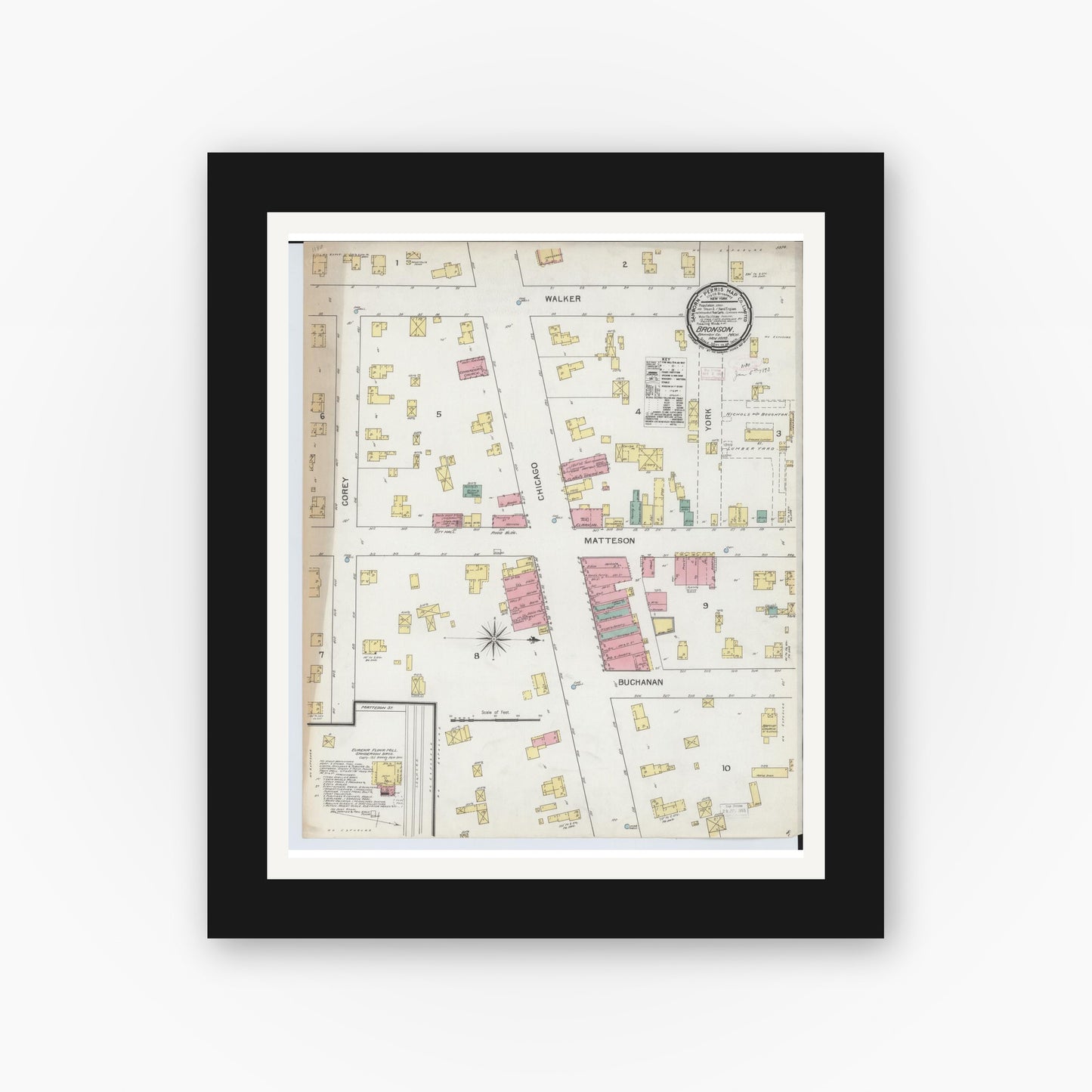 Old map wall art mockup — black gallery frame with white mat — Sanborn Fire Insurance Map from Bronson, Branch County, Michigan (1892), Sheet #0001