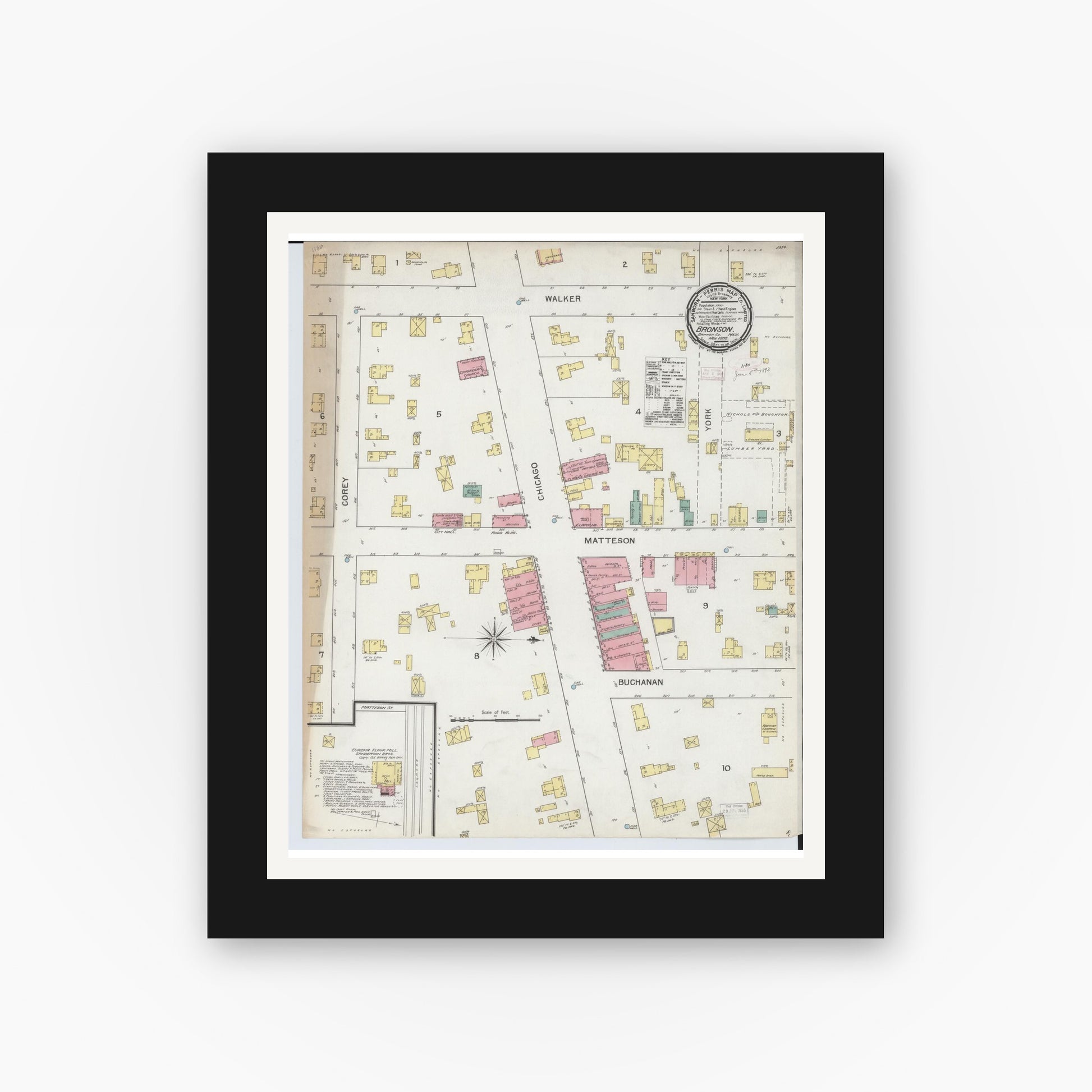 Old map wall art mockup — black gallery frame with white mat — Sanborn Fire Insurance Map from Bronson, Branch County, Michigan (1892), Sheet #0001