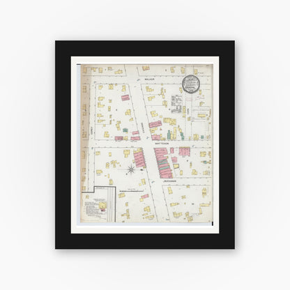 Old map wall art mockup — black gallery frame with white mat — Sanborn Fire Insurance Map from Bronson, Branch County, Michigan (1892), Sheet #0001