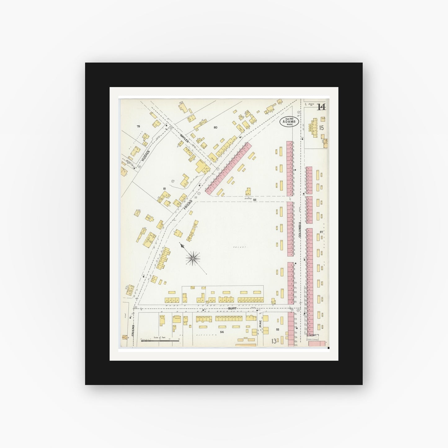 Old map wall art mockup — black gallery frame with white mat — Sanborn Fire Insurance Map from Adams, Berkshire County, Massachusetts (1901), Sheet #0014