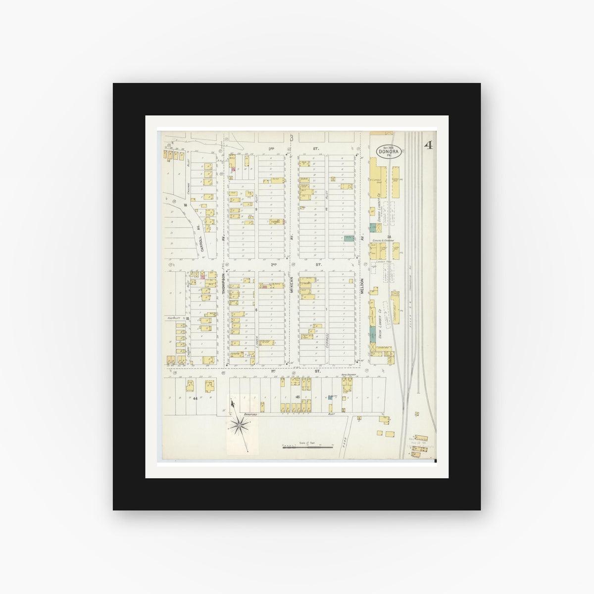 Old map wall art mockup — black gallery frame with white mat — Sanborn Fire Insurance Map from Donora, Washington County, Pennsylvania (1902), Sheet #0004