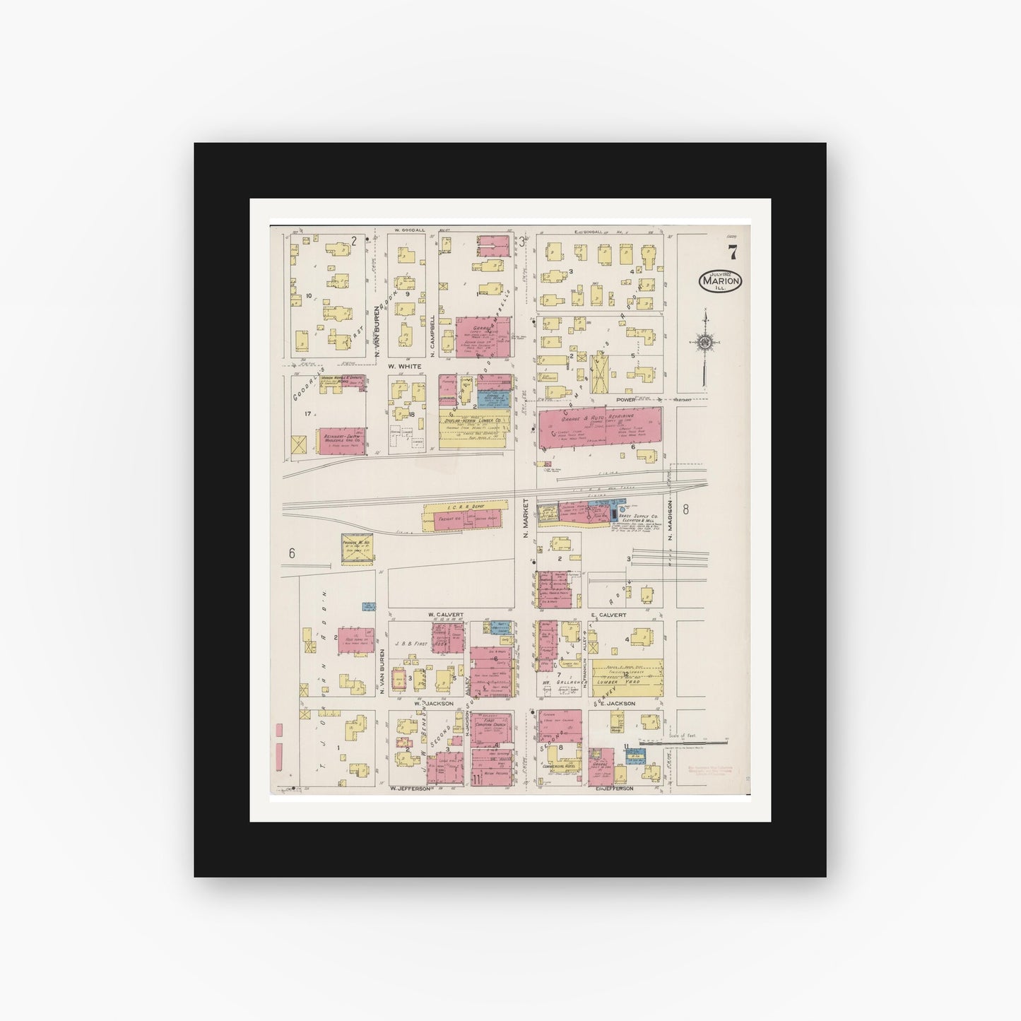 Old map wall art mockup — black gallery frame with white mat — Sanborn Fire Insurance Map from Marion, Williamson County, Illinois (1922), Sheet #0007