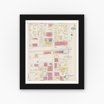 Old map wall art mockup — black gallery frame with white mat — Sanborn Fire Insurance Map from Marion, Williamson County, Illinois (1922), Sheet #0007