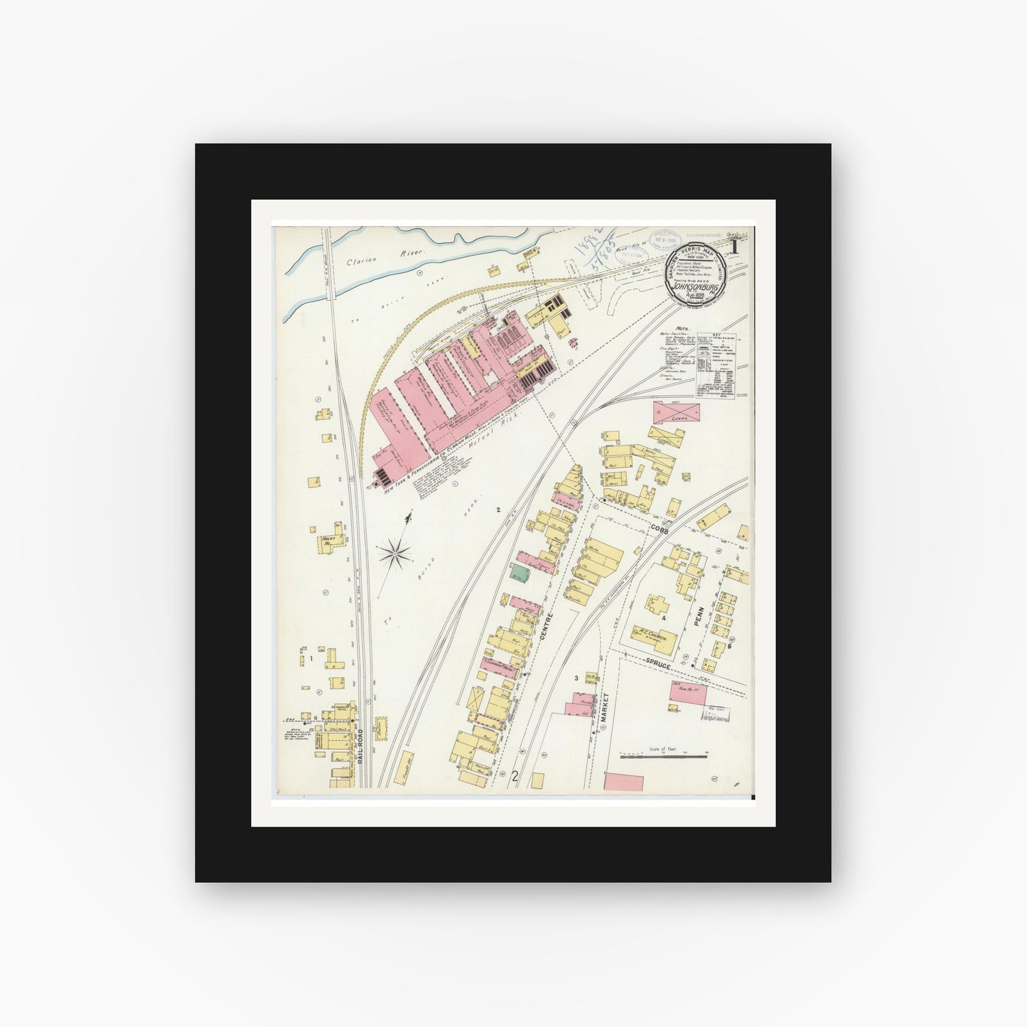 Old map wall art mockup — black gallery frame with white mat — Sanborn Fire Insurance Map from Johnsonburg, Elk County, Pennsylvania (1898), Sheet #0001