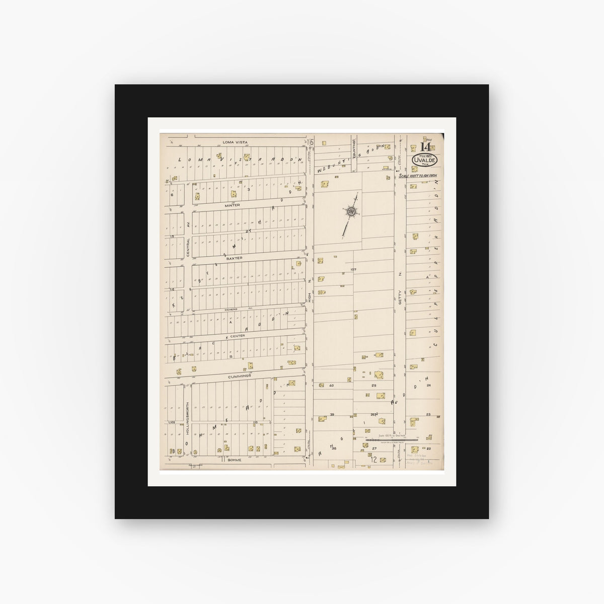 Old map wall art mockup — black gallery frame with white mat — Sanborn Fire Insurance Map from Uvalde, Uvalde County, Texas (1922), Sheet #0014