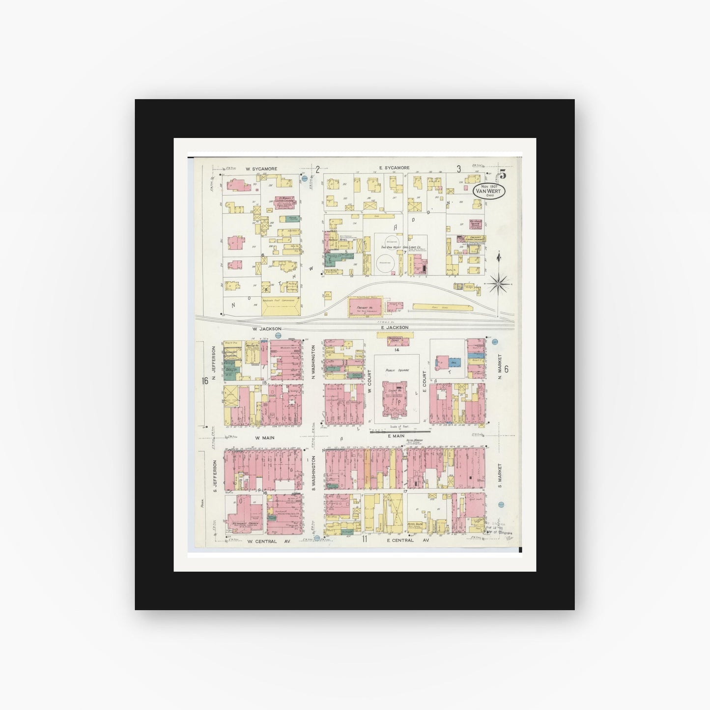 Old map wall art mockup — black gallery frame with white mat — Sanborn Fire Insurance Map from Van Wert, Van Wert County, Ohio (1907), Sheet #0005