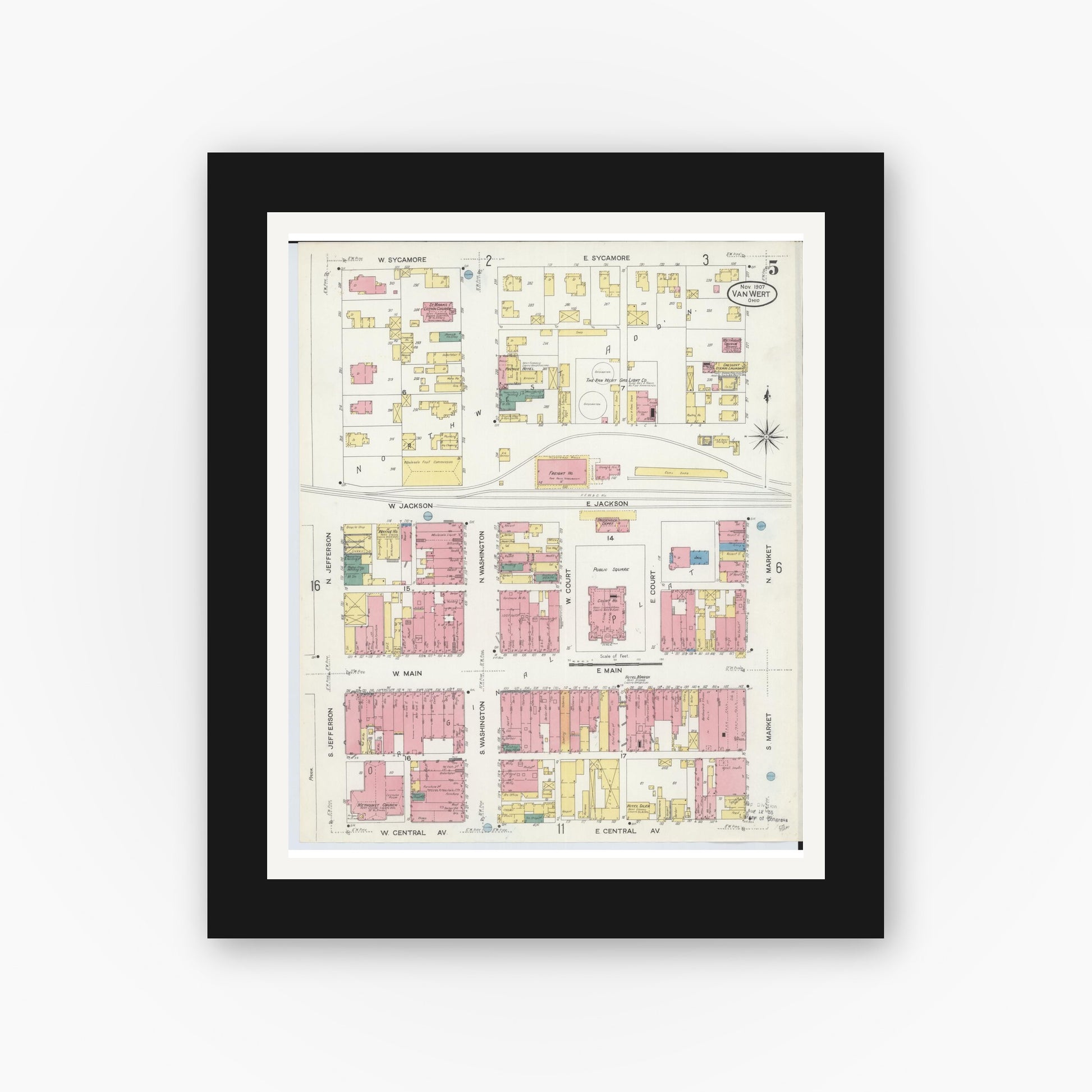 Old map wall art mockup — black gallery frame with white mat — Sanborn Fire Insurance Map from Van Wert, Van Wert County, Ohio (1907), Sheet #0005