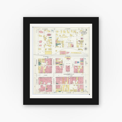 Old map wall art mockup — black gallery frame with white mat — Sanborn Fire Insurance Map from Van Wert, Van Wert County, Ohio (1907), Sheet #0005