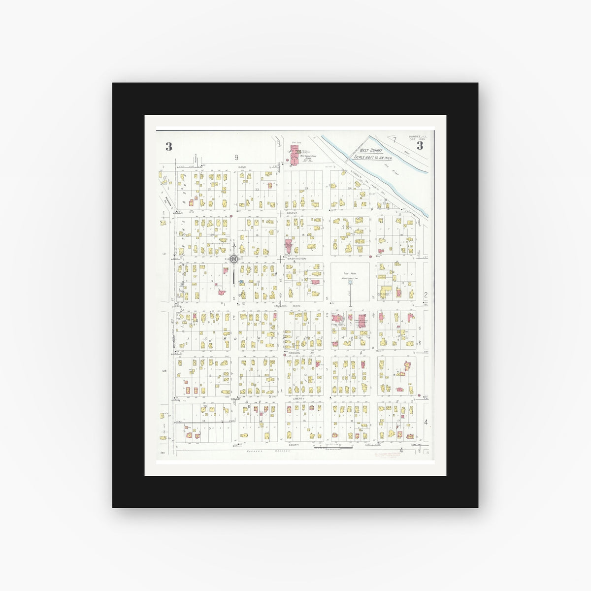 Old map wall art mockup — black gallery frame with white mat — Sanborn Fire Insurance Map from Dundee, Kane County, Illinois (1933), Sheet #0003