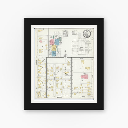 Old map wall art mockup — black gallery frame with white mat — Sanborn Fire Insurance Map from Ada, Hardin County, Ohio (1900), Sheet #0001
