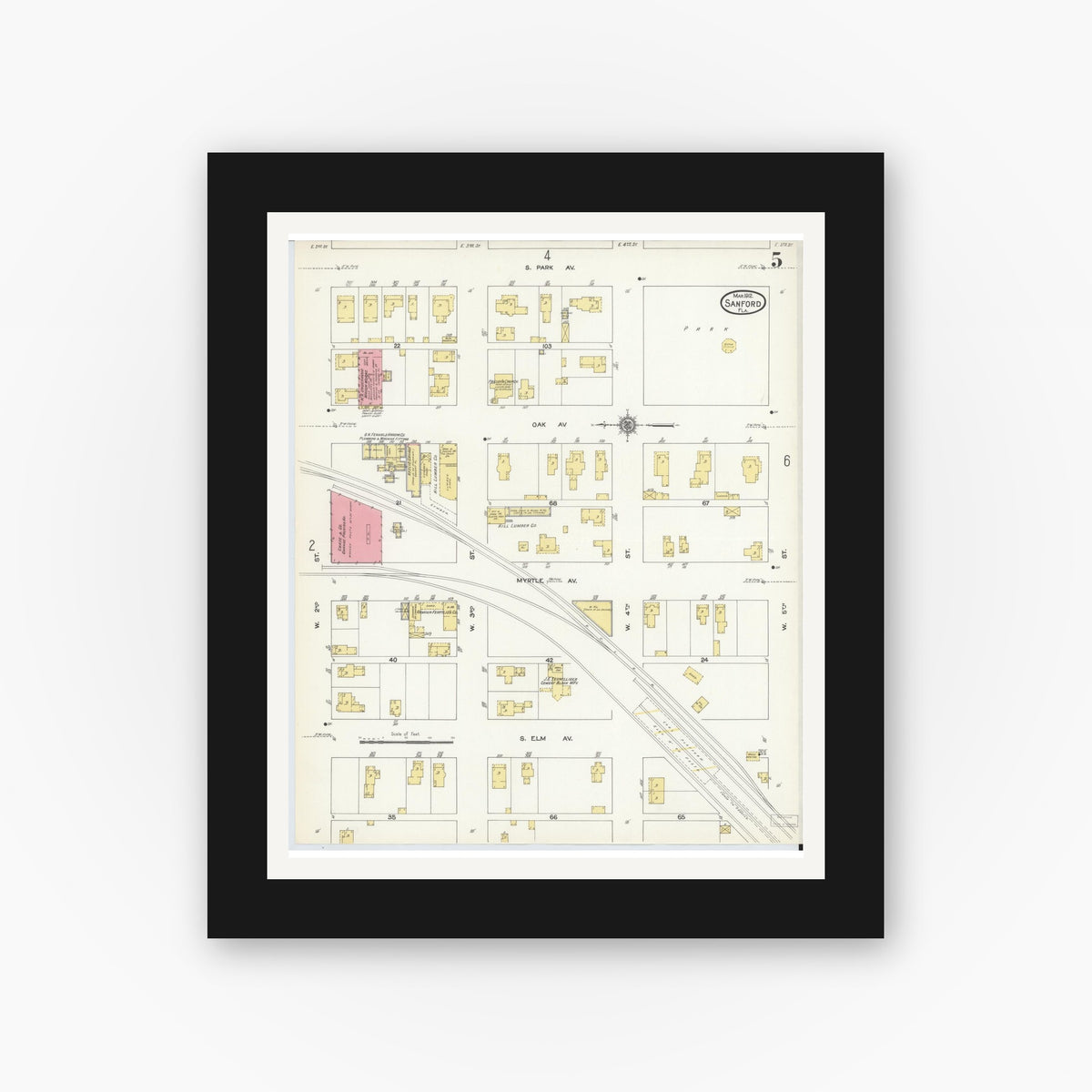 Old map wall art mockup — black gallery frame with white mat — Sanborn Fire Insurance Map from Sanford, Seminole County, Florida (1912), Sheet #0005