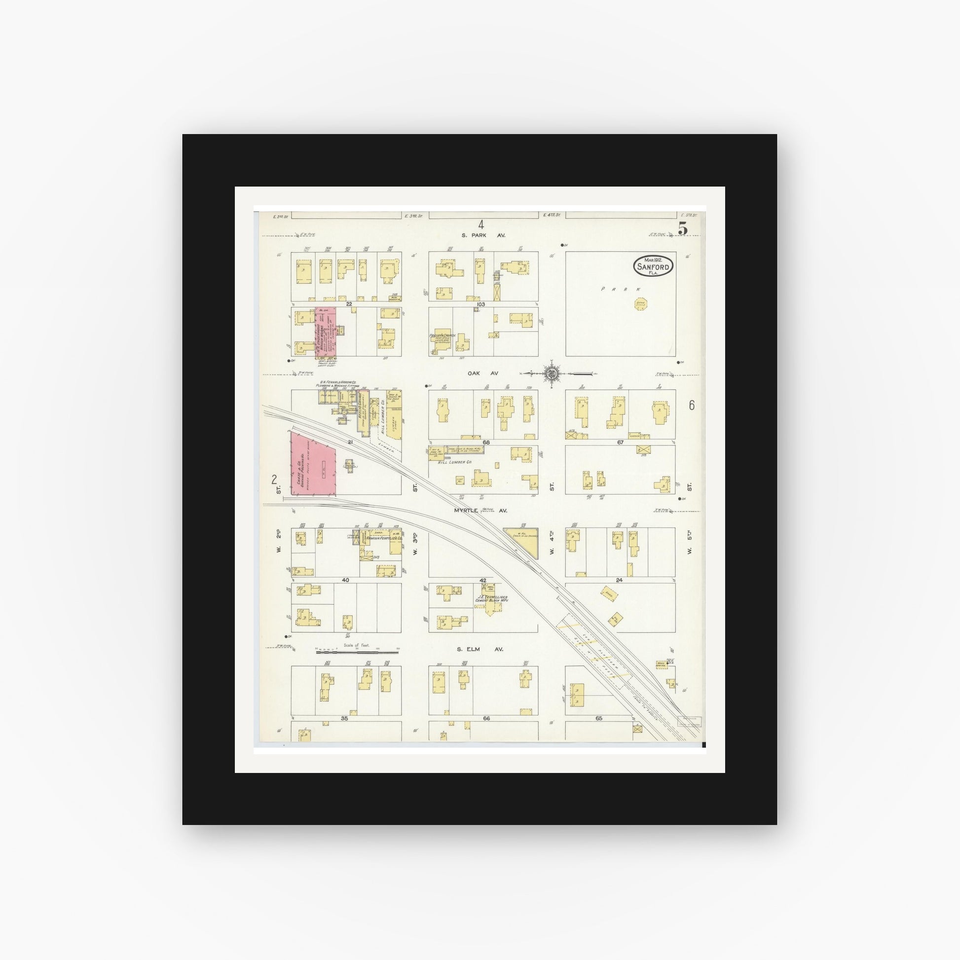Old map wall art mockup — black gallery frame with white mat — Sanborn Fire Insurance Map from Sanford, Seminole County, Florida (1912), Sheet #0005