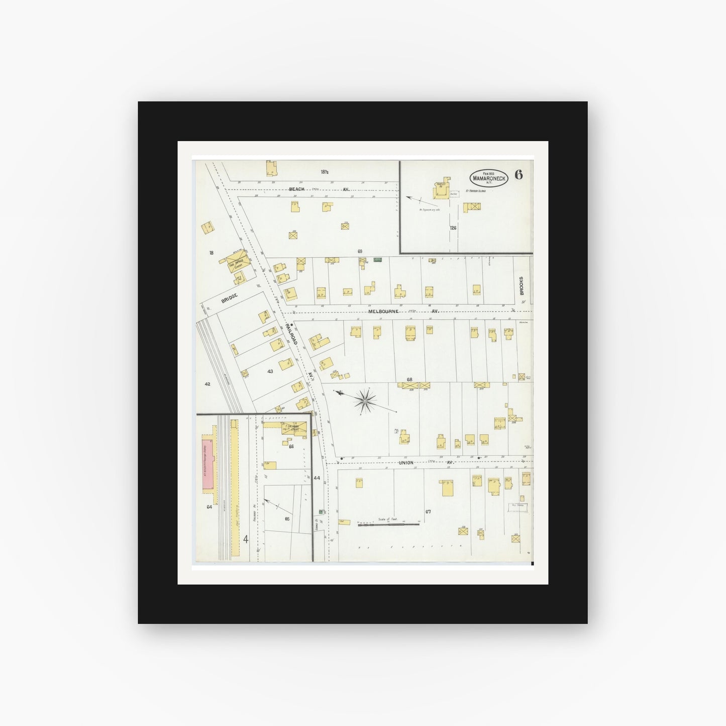 Old map wall art mockup — black gallery frame with white mat — Sanborn Fire Insurance Map from Mamaroneck, Westchester County, New York (1902), Sheet #0006