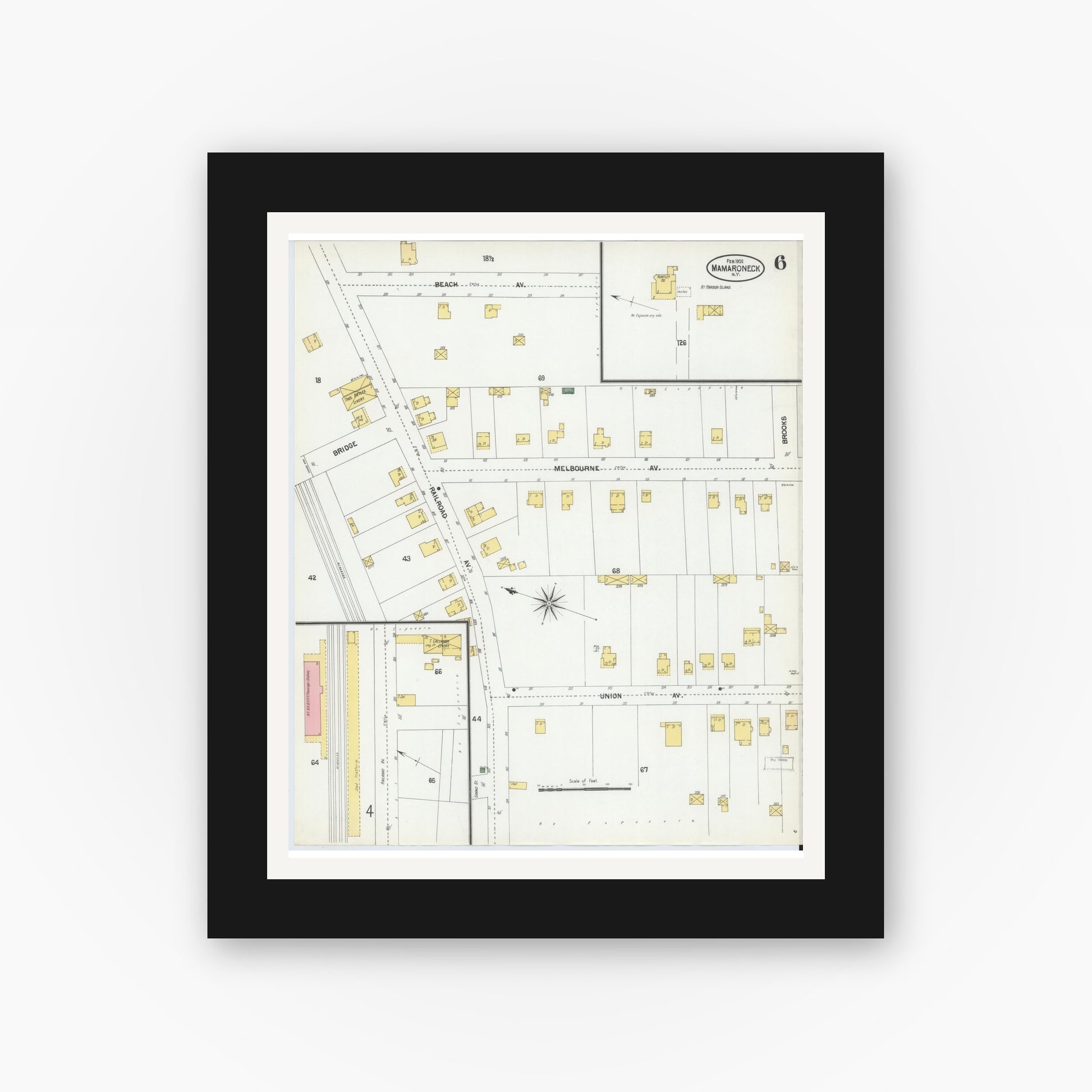 Old map wall art mockup — black gallery frame with white mat — Sanborn Fire Insurance Map from Mamaroneck, Westchester County, New York (1902), Sheet #0006