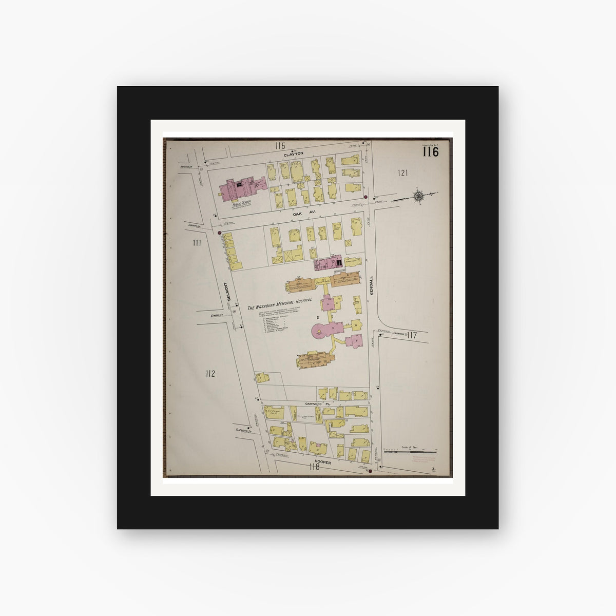 Old map wall art mockup — black gallery frame with white mat — Sanborn Fire Insurance Map from Worcester, Worcester County, Massachusetts (1910), Sheet #0116
