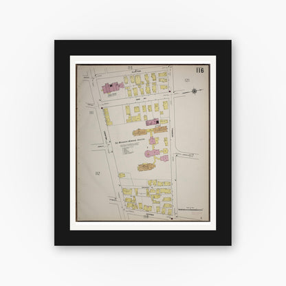 Old map wall art mockup — black gallery frame with white mat — Sanborn Fire Insurance Map from Worcester, Worcester County, Massachusetts (1910), Sheet #0116