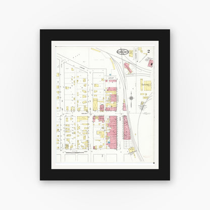 Old map wall art mockup — black gallery frame with white mat — Sanborn Fire Insurance Map from Columbus Junction, Louisa County, Iowa (1917), Sheet #0002