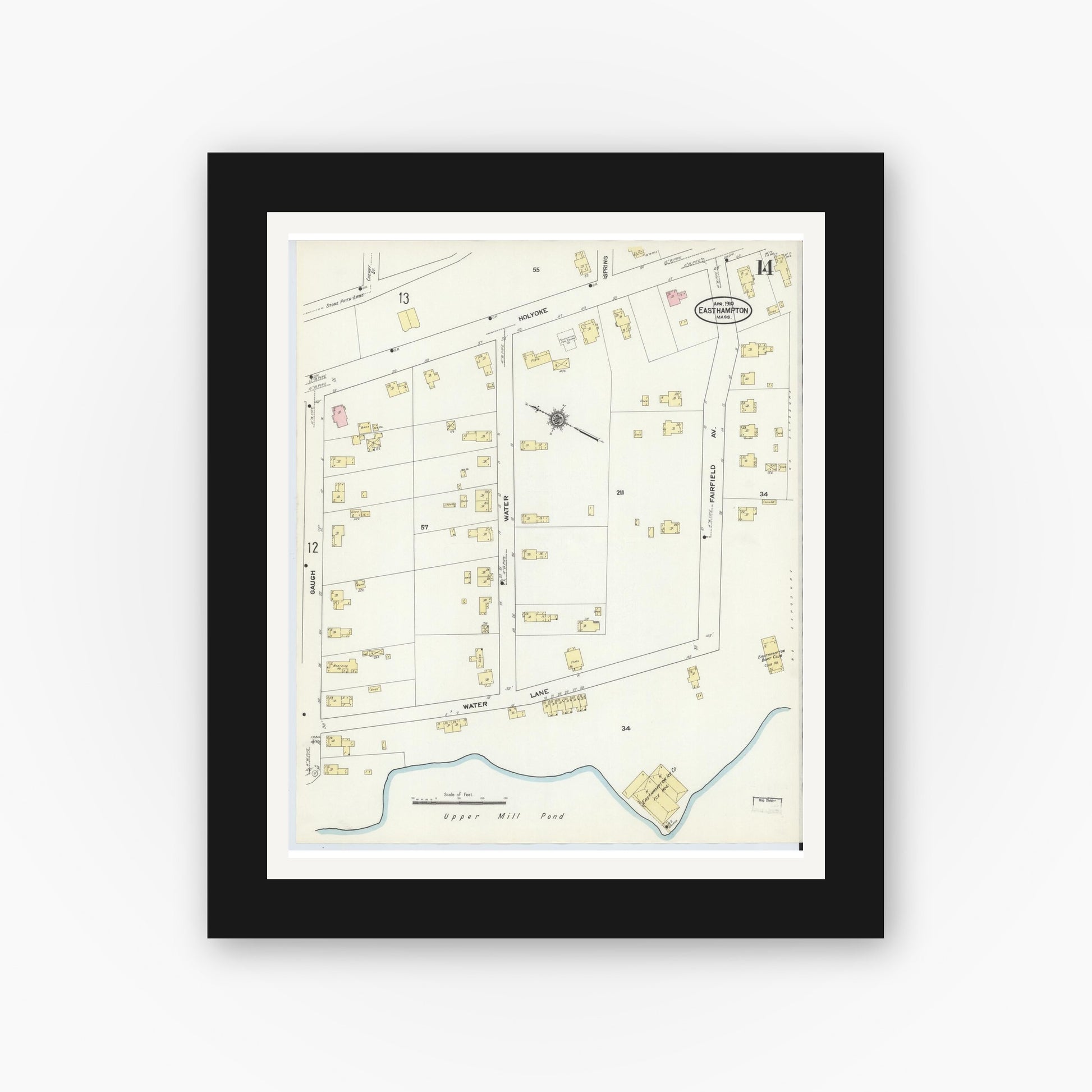 Old map wall art mockup — black gallery frame with white mat — Sanborn Fire Insurance Map from East Hampton, Hampshire County, Massachusetts (1910), Sheet #0014