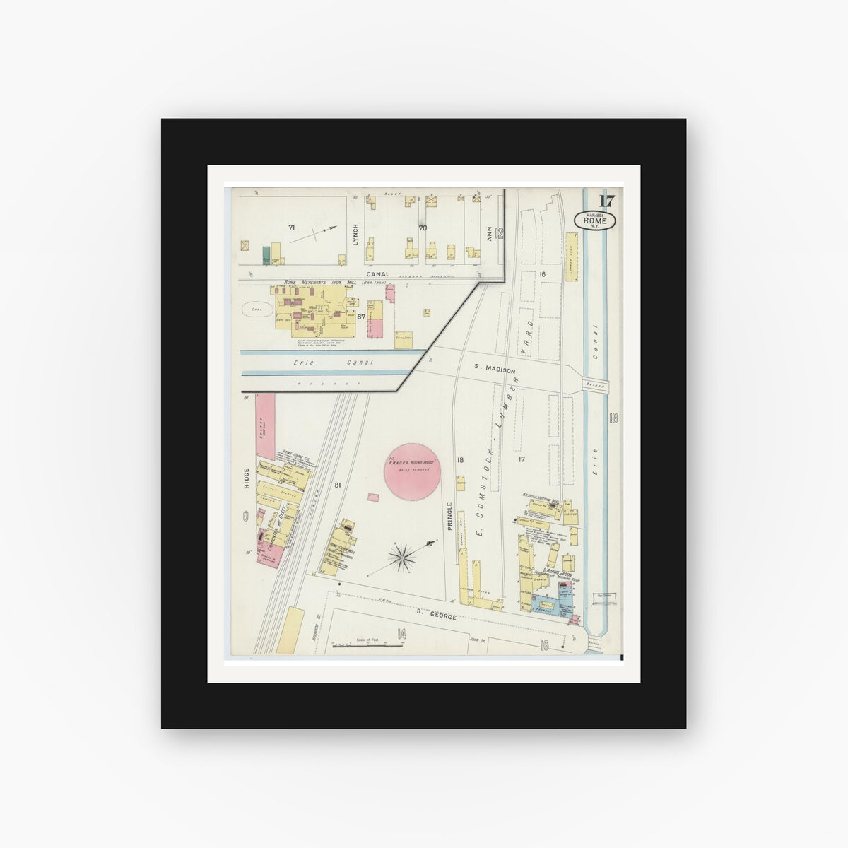 Old map wall art mockup — black gallery frame with white mat — Sanborn Fire Insurance Map from Rome, Oneida County, New York (1894), Sheet #0017