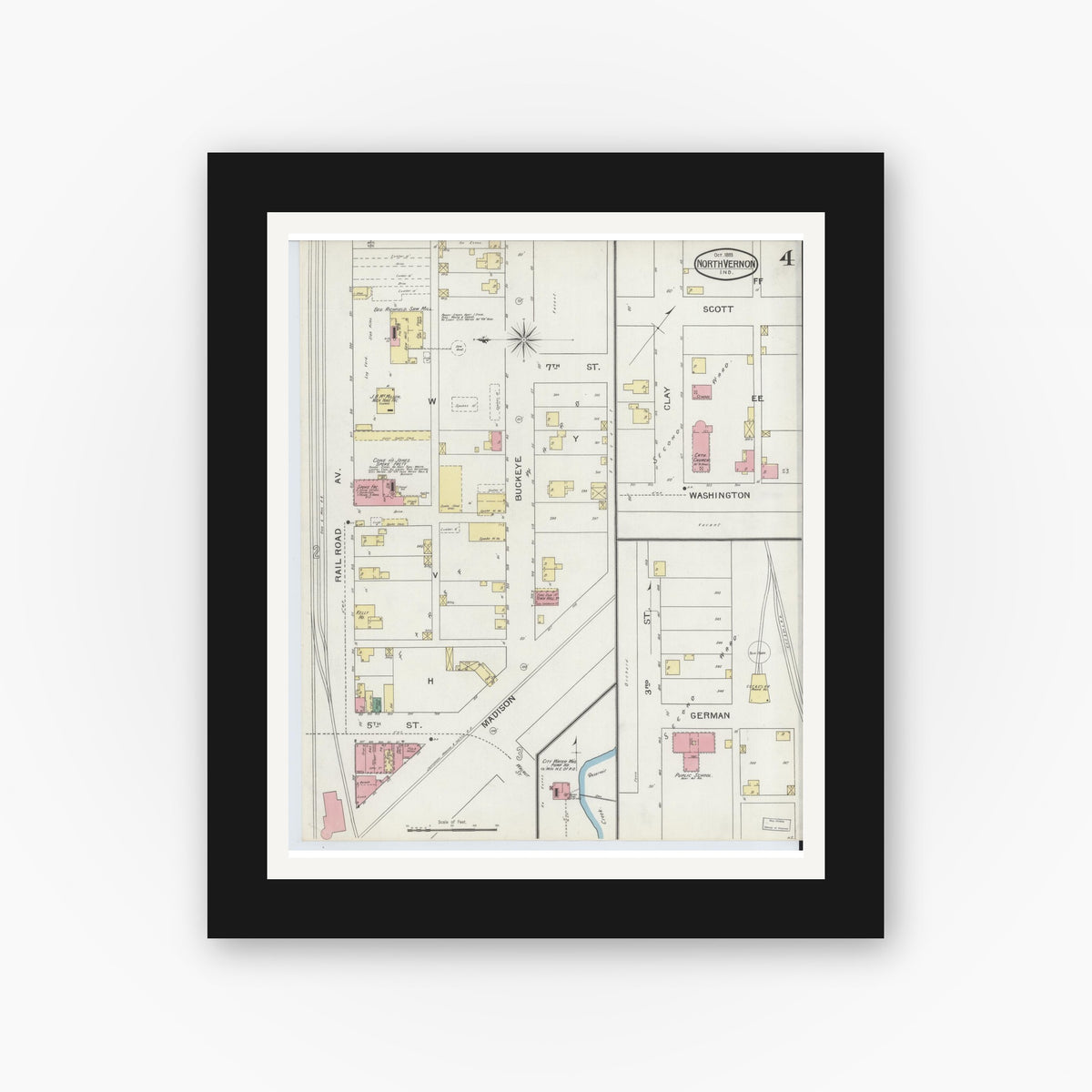 Old map wall art mockup — black gallery frame with white mat — Sanborn Fire Insurance Map from North Vernon, Jennings County, Indiana (1893), Sheet #0004