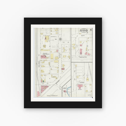 Old map wall art mockup — black gallery frame with white mat — Sanborn Fire Insurance Map from North Vernon, Jennings County, Indiana (1893), Sheet #0004