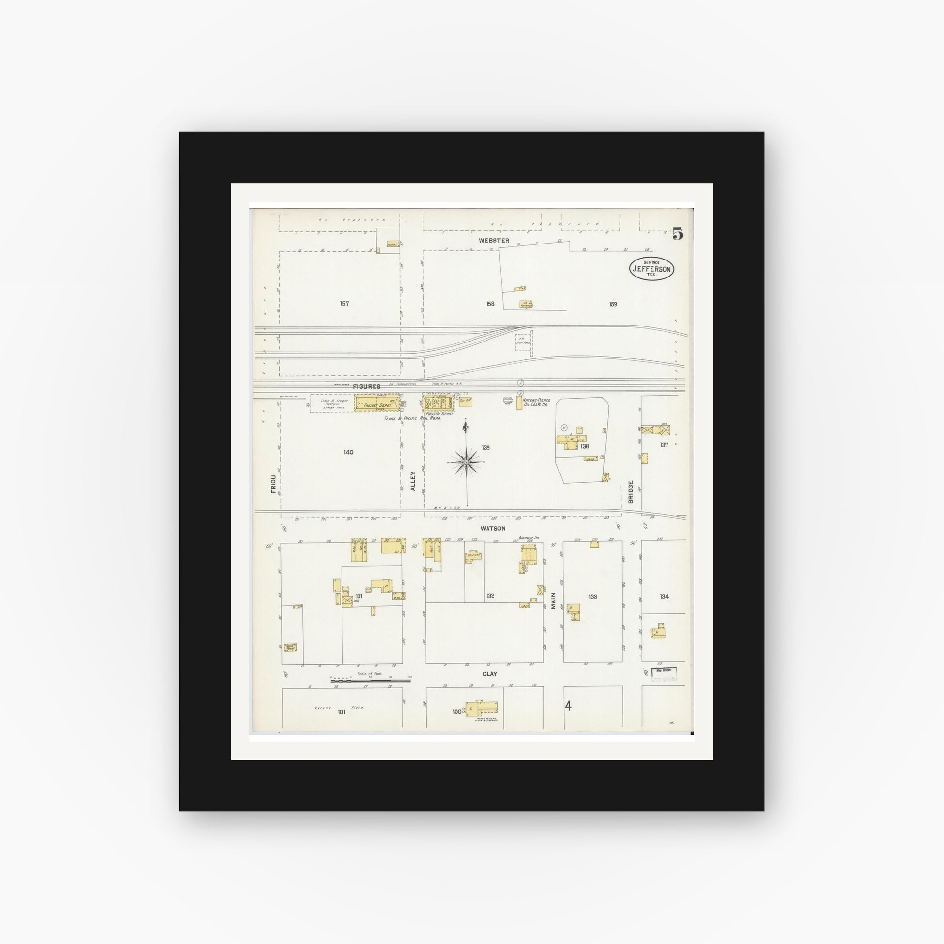 Old map wall art mockup — black gallery frame with white mat — Sanborn Fire Insurance Map from Jefferson, Marion County, Texas (1901), Sheet #0005