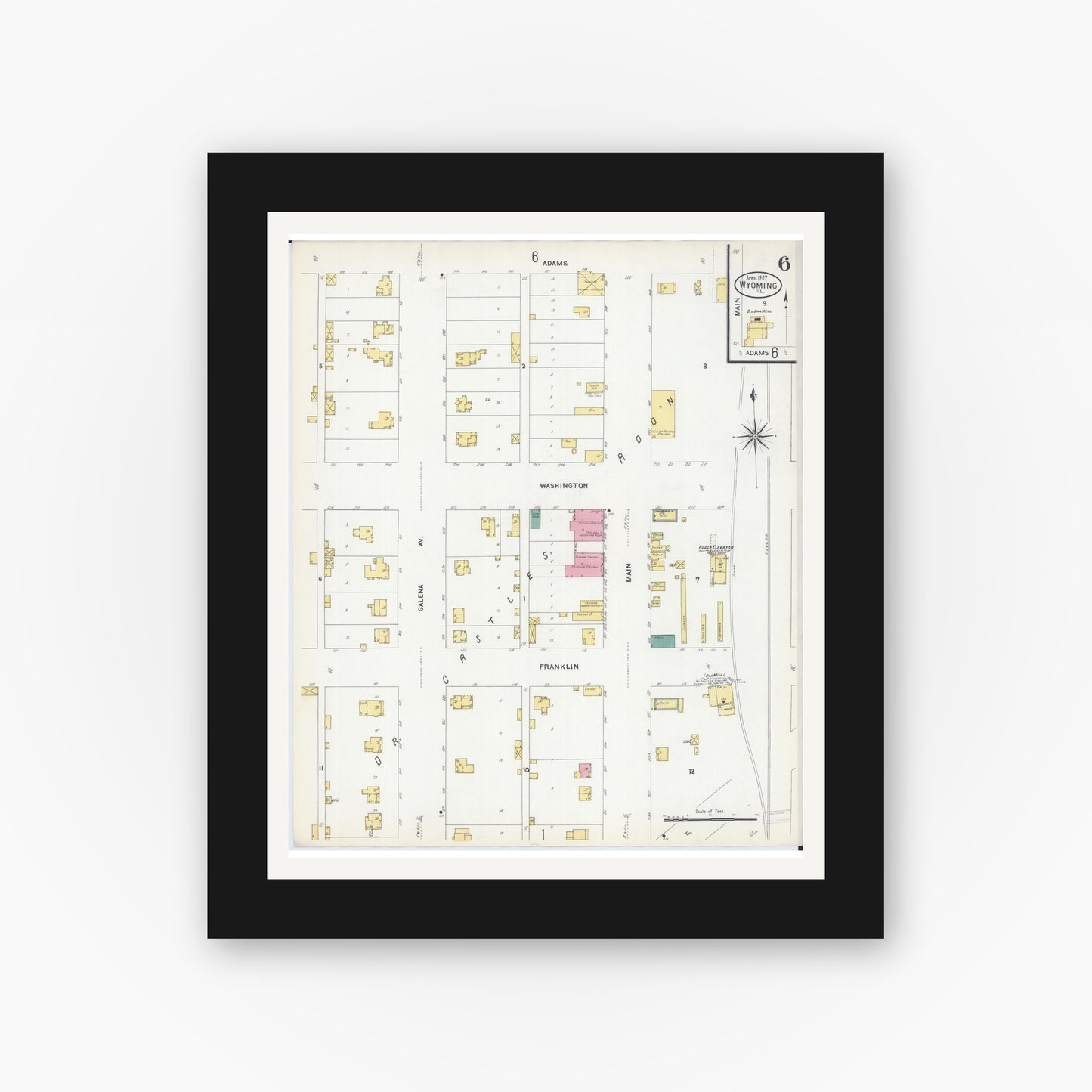 Old map wall art mockup — black gallery frame with white mat — Sanborn Fire Insurance Map from Wyoming, Stark County, Illinois (1907), Sheet #0006