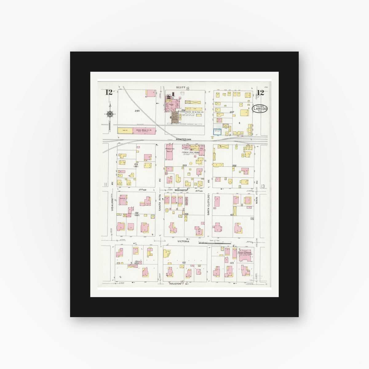 Old map wall art mockup — black gallery frame with white mat — Sanborn Fire Insurance Map from Laredo, Webb County, Texas (1925), Sheet #0012