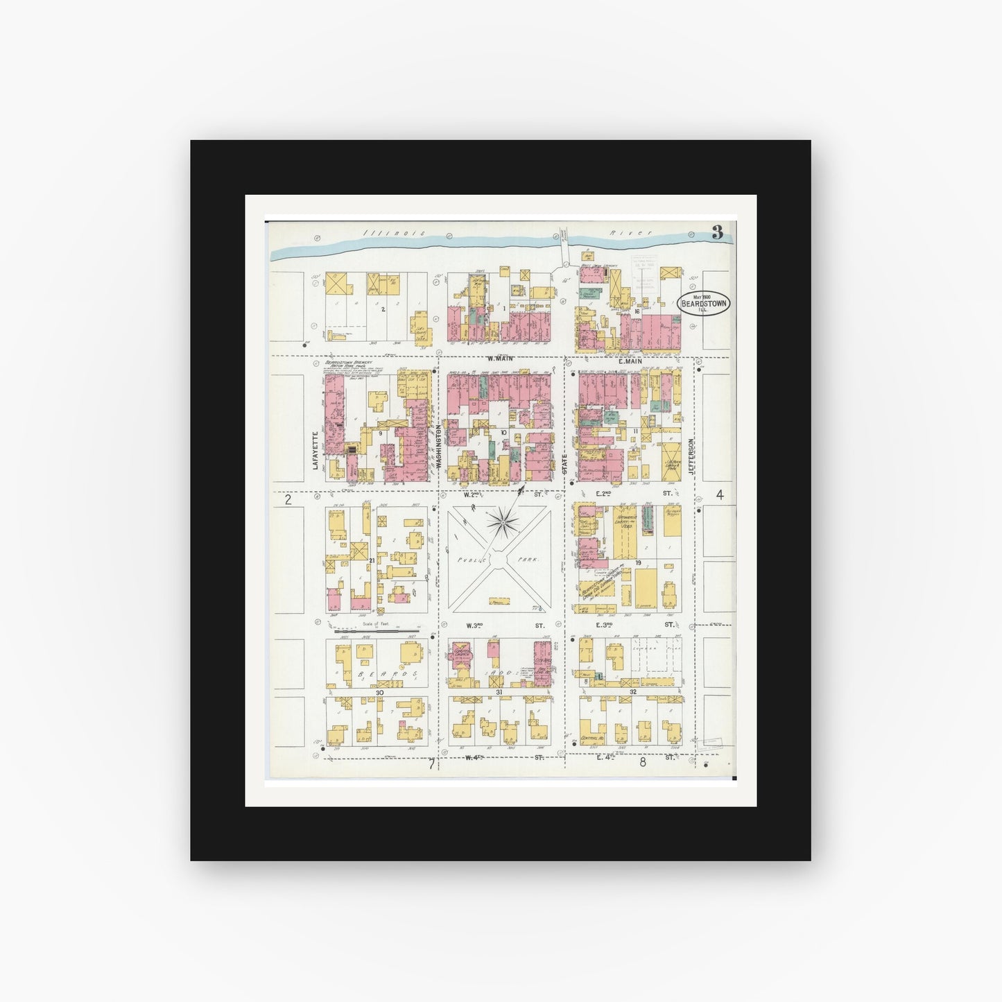 Old map wall art mockup — black gallery frame with white mat — Sanborn Fire Insurance Map from Beardstown, Cass County, Illinois (1900), Sheet #0003