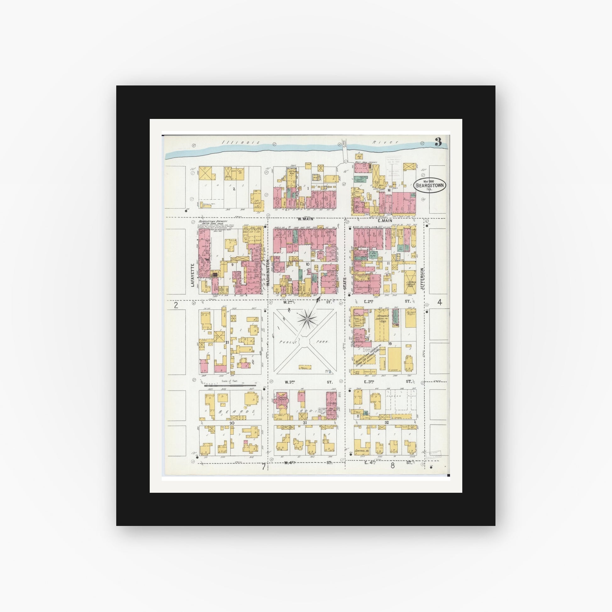 Old map wall art mockup — black gallery frame with white mat — Sanborn Fire Insurance Map from Beardstown, Cass County, Illinois (1900), Sheet #0003