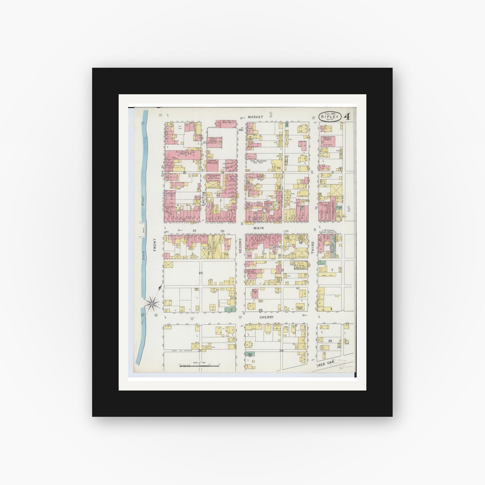 Old map wall art mockup — black gallery frame with white mat — Sanborn Fire Insurance Map from Ripley, Brown County, Ohio (1895), Sheet #0004