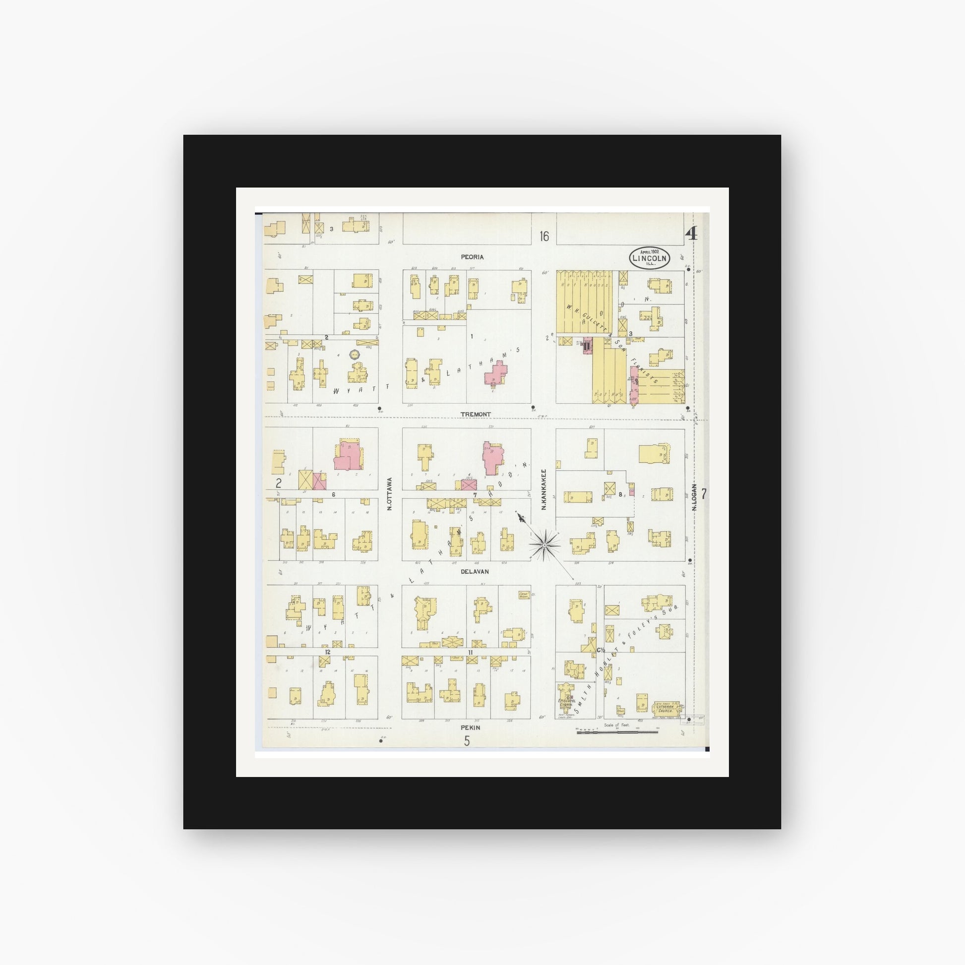 Old map wall art mockup — black gallery frame with white mat — Sanborn Fire Insurance Map from Lincoln, Logan County, Illinois (1902), Sheet #0004