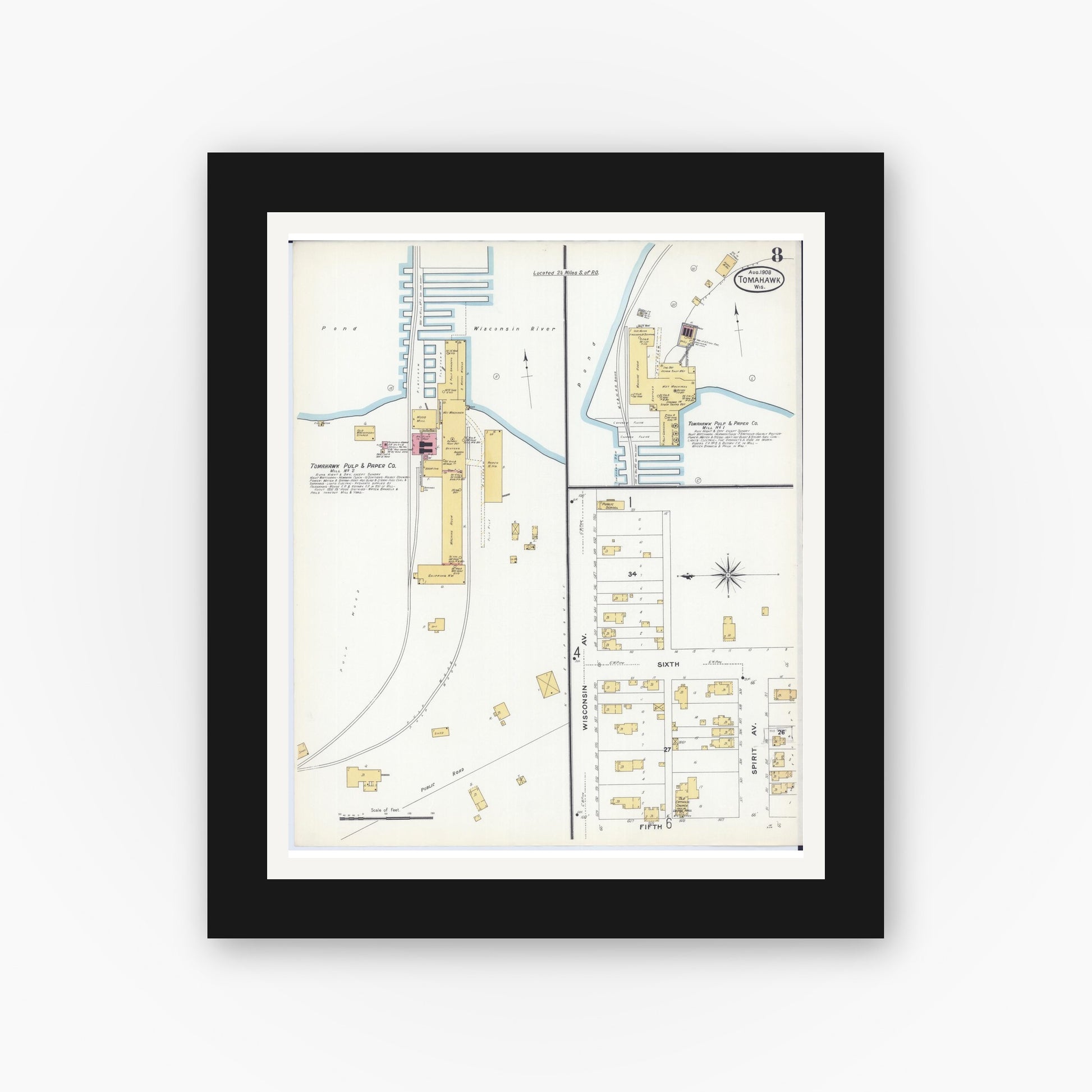 Old map wall art mockup — black gallery frame with white mat — Sanborn Fire Insurance Map from Tomahawk, Lincoln County, Wisconsin (1908), Sheet #0008