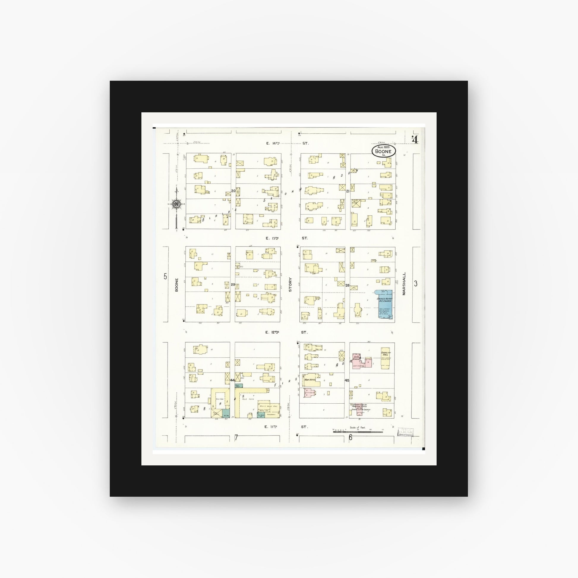 Old map wall art mockup — black gallery frame with white mat — Sanborn Fire Insurance Map from Boone, Boone County, Iowa (1909), Sheet #0004