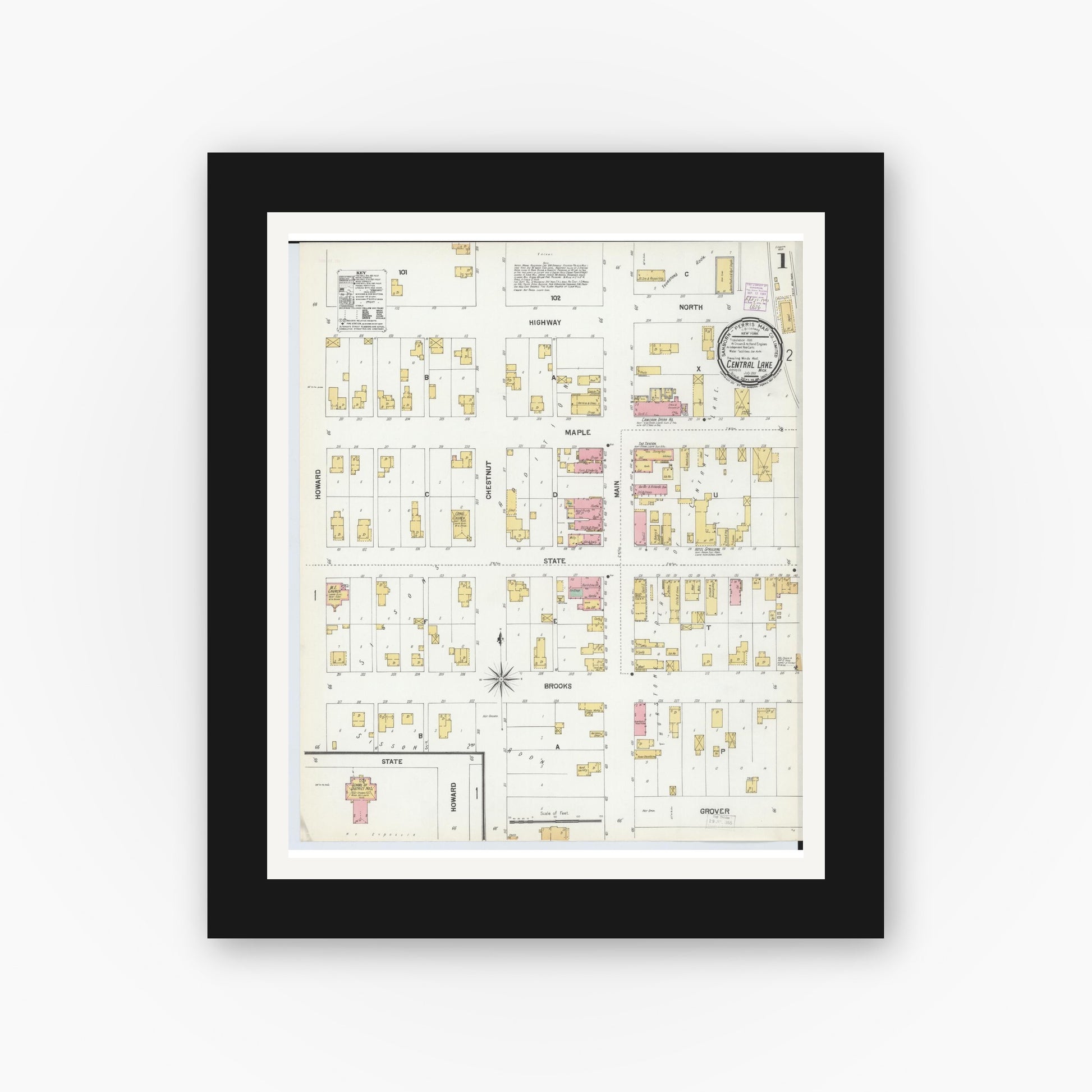 Old map wall art mockup — black gallery frame with white mat — Sanborn Fire Insurance Map from Central Lake, Antrim County, Michigan (1901) - Complete Map Set