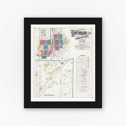 Old map wall art mockup — black gallery frame with white mat — Sanborn Fire Insurance Map from Batavia, Kane County, Illinois (1907) - Complete Map Set