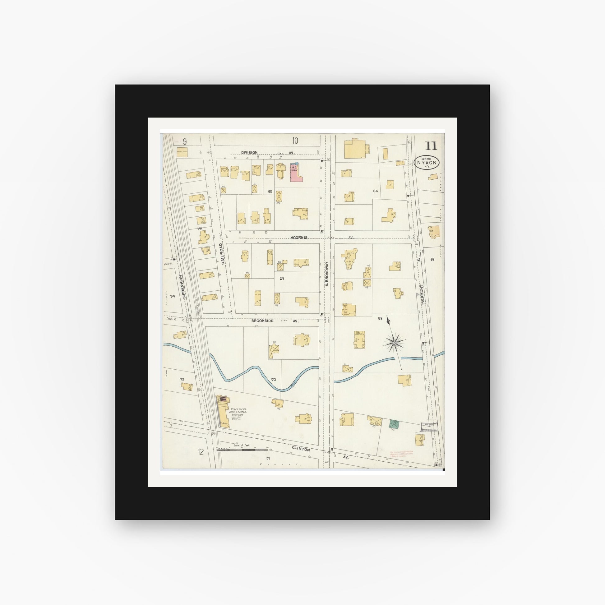 Old map wall art mockup — black gallery frame with white mat — Sanborn Fire Insurance Map from Nyack, Rockland County, New York. (1903), Sheet #0011