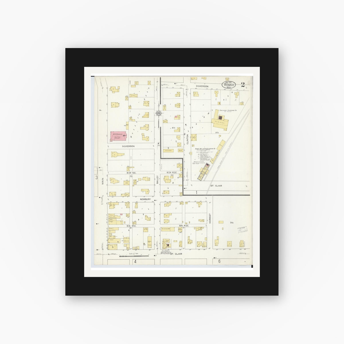 Old map wall art mockup — black gallery frame with white mat — Sanborn Fire Insurance Map from Romeo, Macomb County, Michigan (1913), Sheet #0002