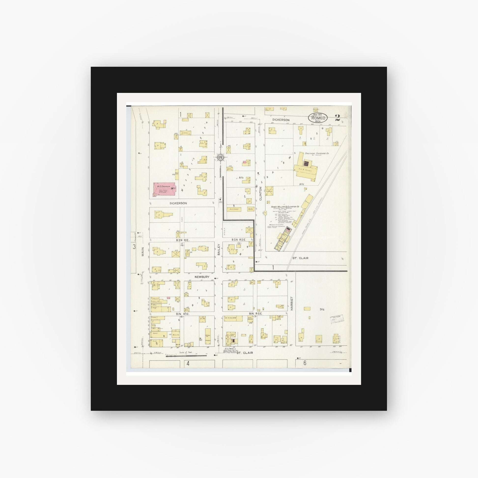 Old map wall art mockup — black gallery frame with white mat — Sanborn Fire Insurance Map from Romeo, Macomb County, Michigan (1913), Sheet #0002