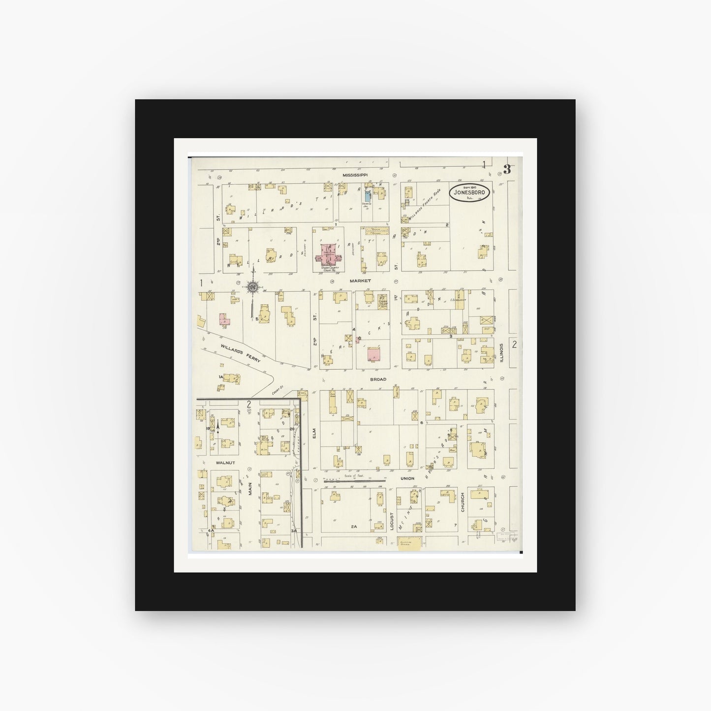Old map wall art mockup — black gallery frame with white mat — Sanborn Fire Insurance Map from Jonesboro, Union County, Illinois (1910), Sheet #0003