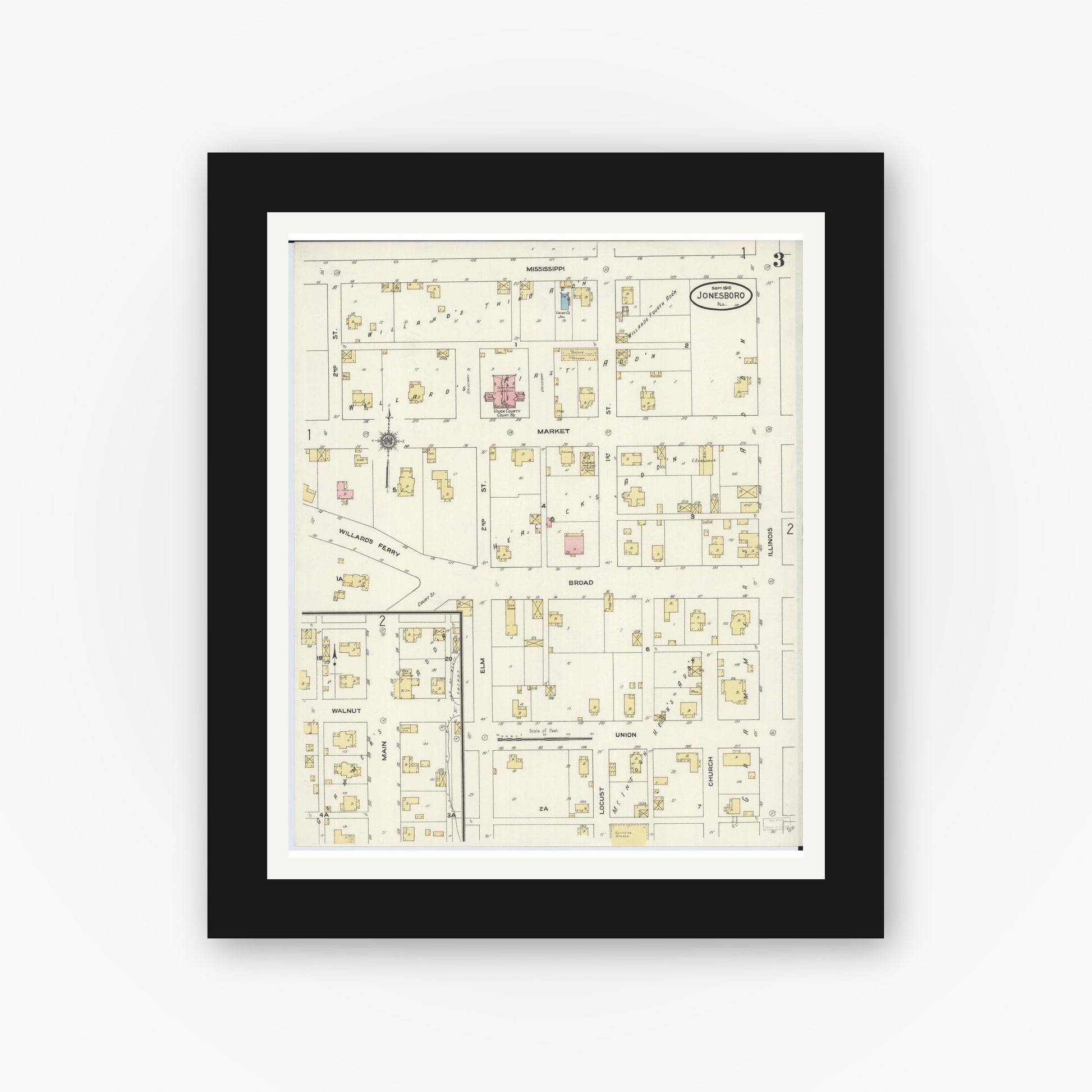 Old map wall art mockup — black gallery frame with white mat — Sanborn Fire Insurance Map from Jonesboro, Union County, Illinois (1910), Sheet #0003