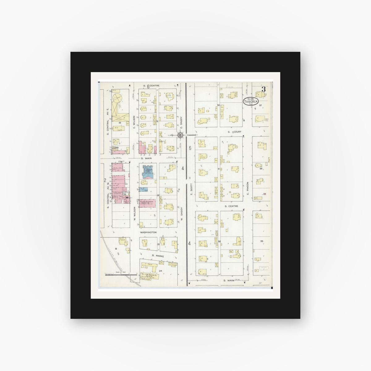 Old map wall art mockup — black gallery frame with white mat — Sanborn Fire Insurance Map from Tuscola, Douglas County, Illinois (1914), Sheet #0003
