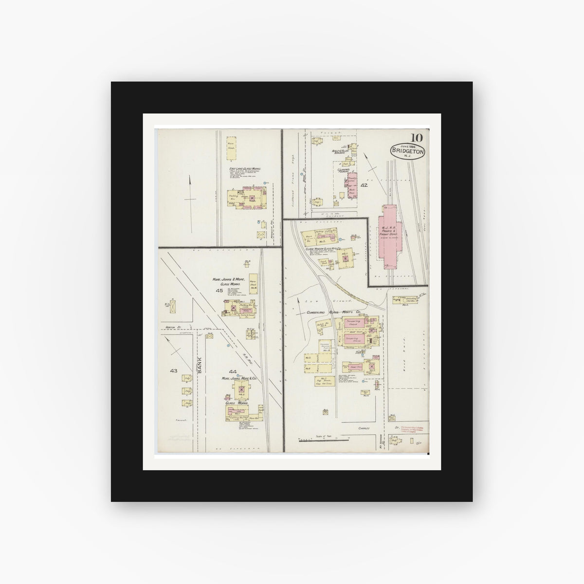 Old map wall art mockup — black gallery frame with white mat — Sanborn Fire Insurance Map from Bridgeton, Cumberland County, New Jersey (1886), Sheet #0010