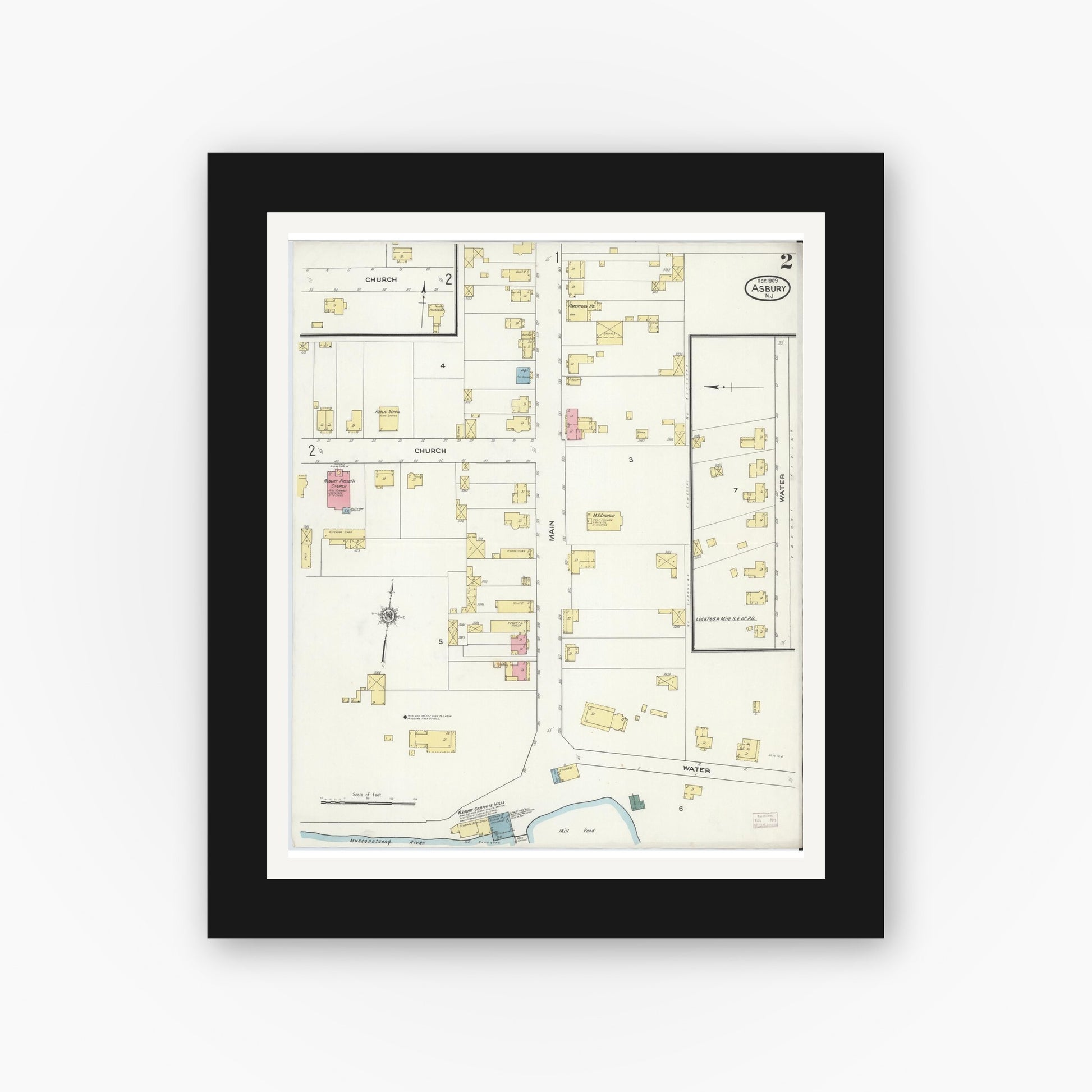 Old map wall art mockup — black gallery frame with white mat — Sanborn Fire Insurance Map from Asbury, Warren County, New Jersey (1909), Sheet #0002