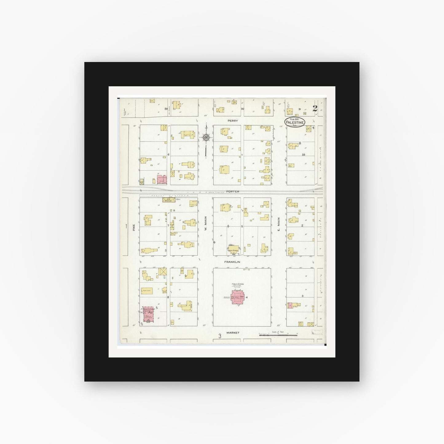 Old map wall art mockup — black gallery frame with white mat — Sanborn Fire Insurance Map from Palestine, Crawford County, Illinois (1916), Sheet #0002