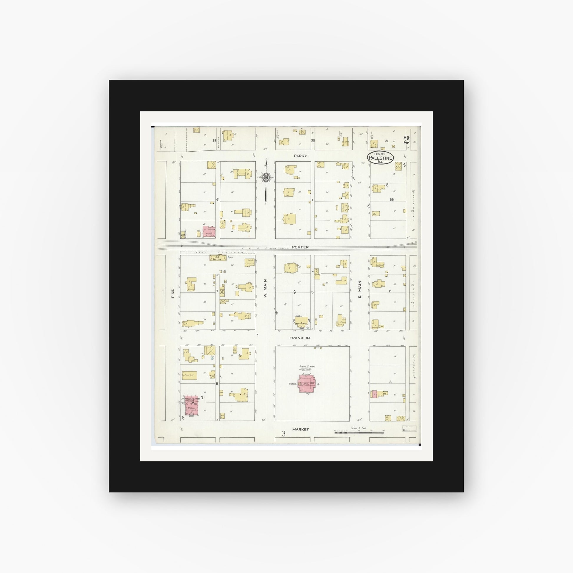 Old map wall art mockup — black gallery frame with white mat — Sanborn Fire Insurance Map from Palestine, Crawford County, Illinois (1916), Sheet #0002