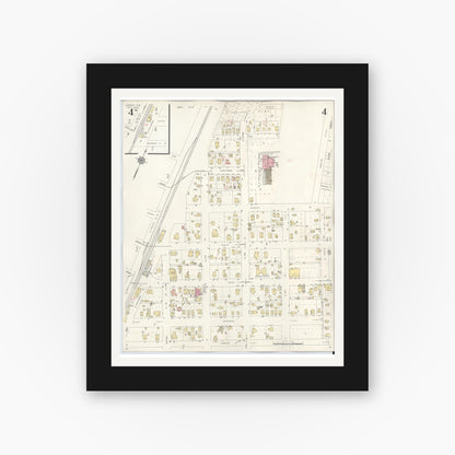 Old map wall art mockup — black gallery frame with white mat — Sanborn Fire Insurance Map from Conroe, Montgomery County, Texas (1943), Sheet #0004